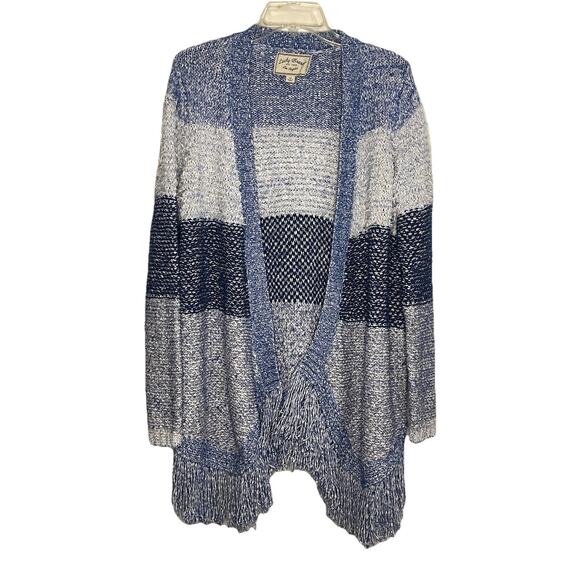 Lucky Brand Open Front Cardigan Sweater Blue Gray Stripe Fringe Hem Medium Cozy - Picture 1 of 7